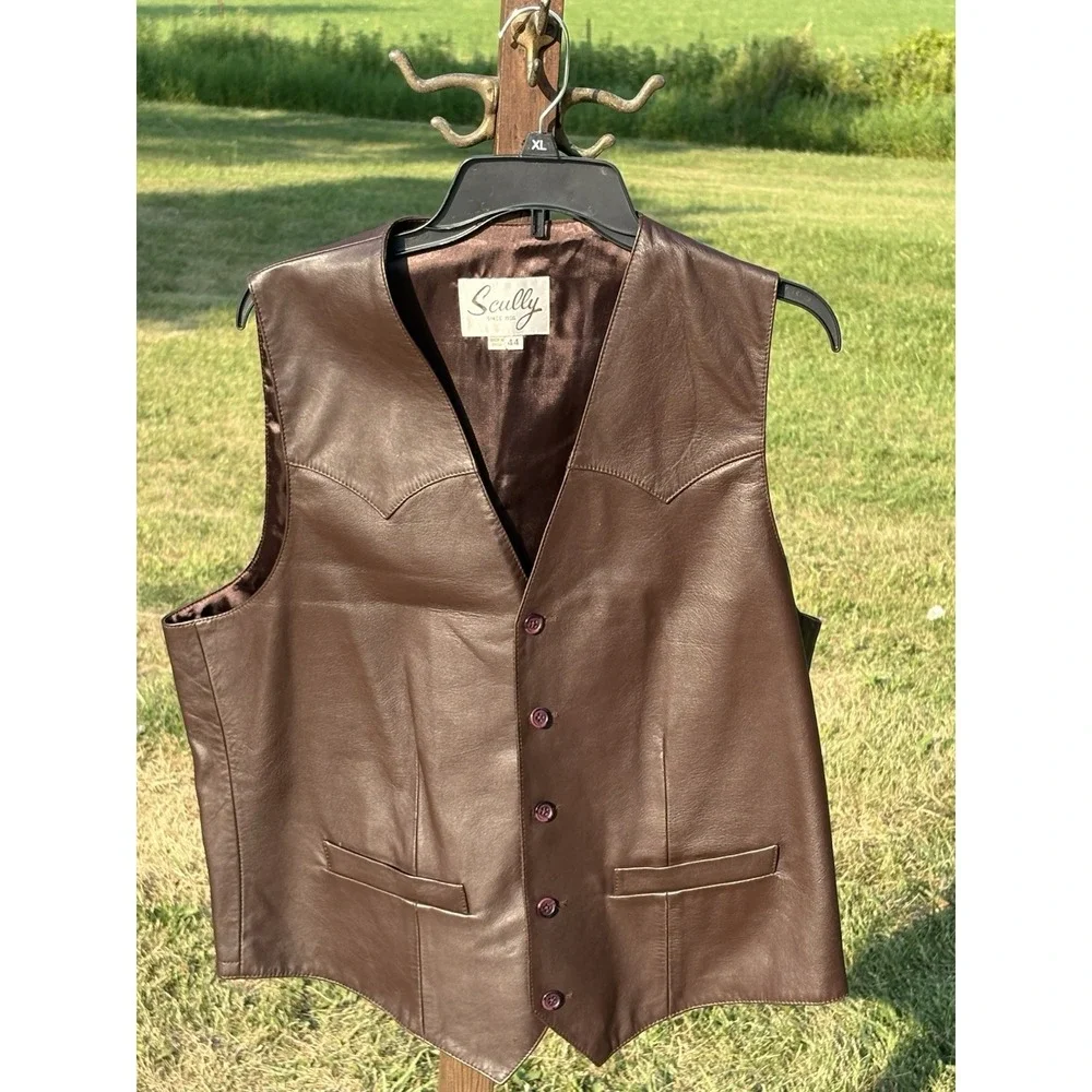 Vintage Scully Men's  44 XL Western Genuine Brown Leather Cowboy Waistcoat Vest